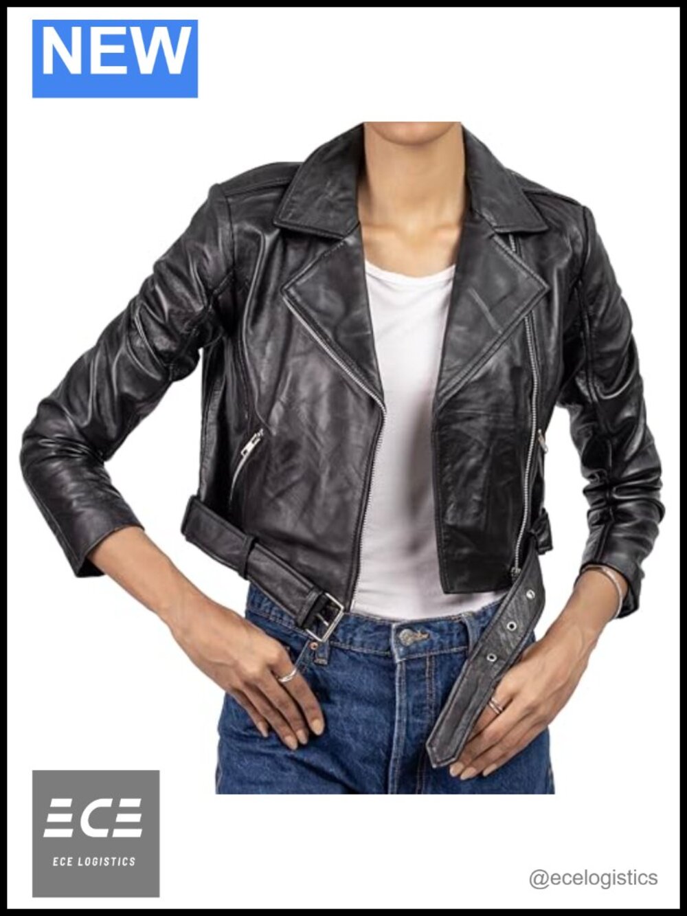Cropped Genuine Leather Moto Biker Jacket Asymmetric Zip Belted